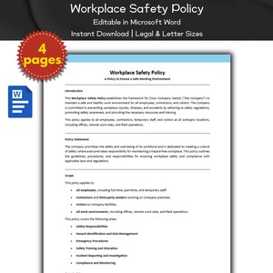 May include: A workplace safety policy document with a red 4 pages stamp. The document outlines the framework for a safe and healthy work environment for all employees, contractors, and visitors. The policy includes sections on safety awareness, training, and compliance with applicable laws and regulations.