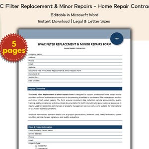 Pode incluir: É exibido um formulário intitulado "HVAC Filter Replacement & Minor Repairs Form". O documento está em um fundo branco com detalhes em azul e inclui campos para informações da empresa e detalhes do projeto. Um adesivo vermelho indica "5 páginas".