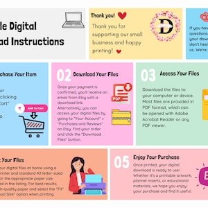 May include: An infographic detailing how to download digital files from Etsy. It shows steps for purchasing, downloading, accessing, printing, and enjoying the purchase. Includes a shopping cart, PDF icon, and a printer.