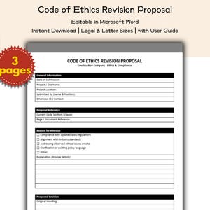 Construction Company Code of Ethics Revision Proposal Editable and Printable Template, Ethics & Compliance Departments, HR and Legal Teams