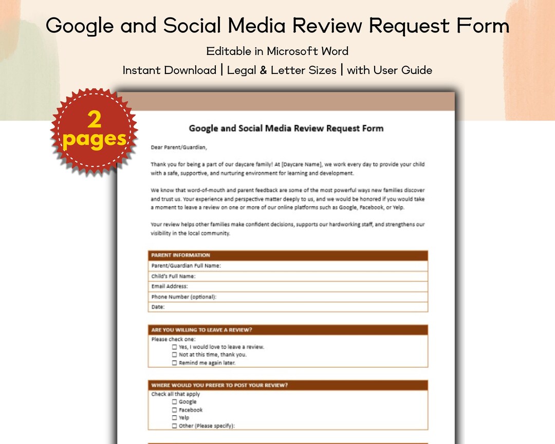 Daycare Google and Social Media Review Request Form Editable and ...