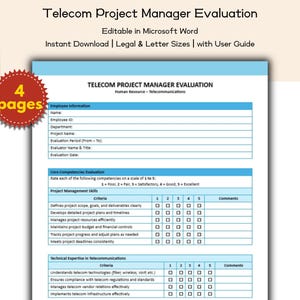 Modello di valutazione del responsabile di progetto nel settore delle telecomunicazioni, modificabile e stampabile, Risorse umane nel settore delle telecomunicazioni, Valutazioni dei dipendenti, Strumenti per le risorse umane