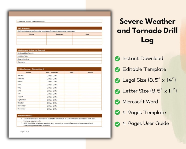 Daycare Severe Weather and Tornado Drill Log Editable and Printable ...