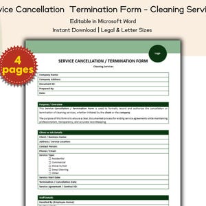 Op de afbeelding: Een groen en wit service annulering en beëindiging formulier voor schoonmaakdiensten. Het formulier is bewerkbaar in Microsoft Word en direct te downloaden in legal en letter formaten. Het bevat velden voor bedrijfsinformatie en service details.