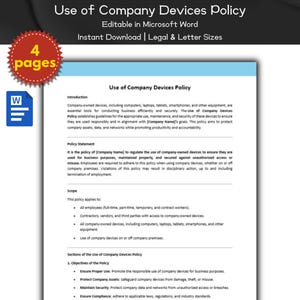 May include: A black and white document with the title "Use of Company Devices Policy". The document outlines the policy for using company-owned devices, including computers, laptops, tablets, smartphones, and other equipment. The document includes sections on the policy statement, scope, and objectives of the policy.