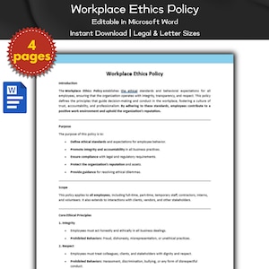Workplace Ethics Policy Editable Template, Human Resource Policies, Code Of Conduct, Ms Word, Employee Management, HR Tool, Ethical Standard