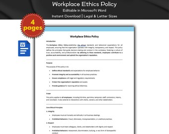 Workplace Ethics Policy Editable Template, Human Resource Policies, Code Of Conduct, Ms Word, Employee Management, HR Tool, Ethical Standard