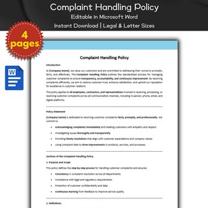 Peut inclure: Un document intitulé "Complaint Handling Policy" avec une icône "W" rouge et blanche dans le coin supérieur gauche. Le document décrit une politique de gestion des plaintes des clients, notamment la reconnaissance immédiate des plaintes, l'investigation approfondie des problèmes et la fourniture de solutions rapides. Le document mentionne également l'importance de l'apprentissage continu à partir des commentaires pour améliorer la qualité du service.