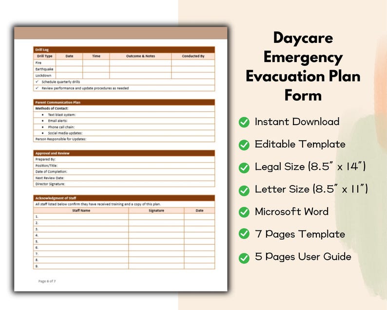 Daycare Emergency Evacuation Plan Form Editable and Printable Template ...