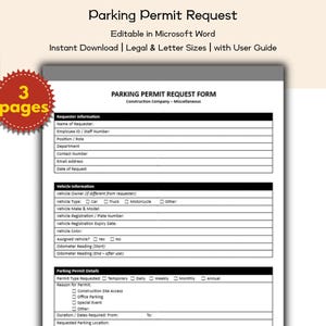 Könnte beinhalten: Ein weißes Parkausweis-Antragsformular mit dem Titel "Parking Permit Request" und dem Text "Editable in Microsoft Word". Das Formular enthält Abschnitte für Antragsteller- und Fahrzeuginformationen sowie Permittdetails. Ein roter runder Aufkleber lautet "3 Seiten."