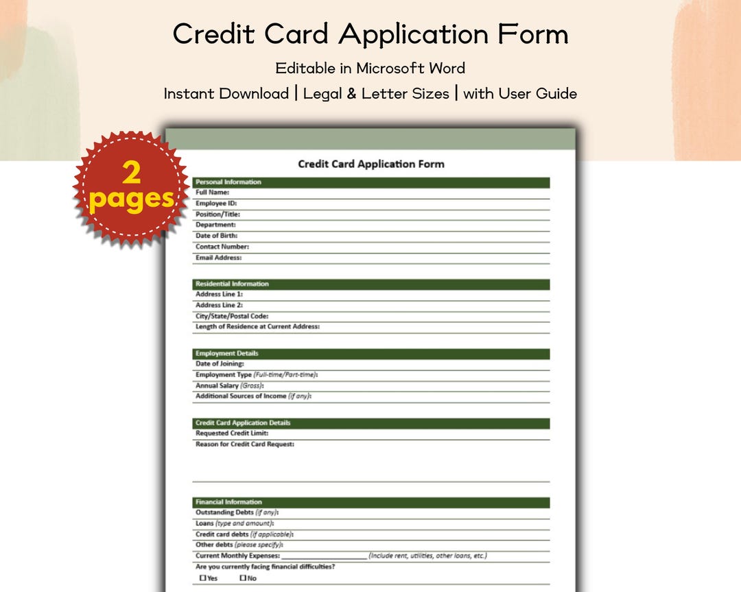 Credit Card Application Form – Editable and Printable Template for ...
