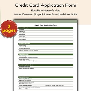 Formulario de solicitud de tarjeta de crédito: plantilla editable e imprimible para solicitar crédito con información financiera, tarjeta de crédito para empleados de la empresa.