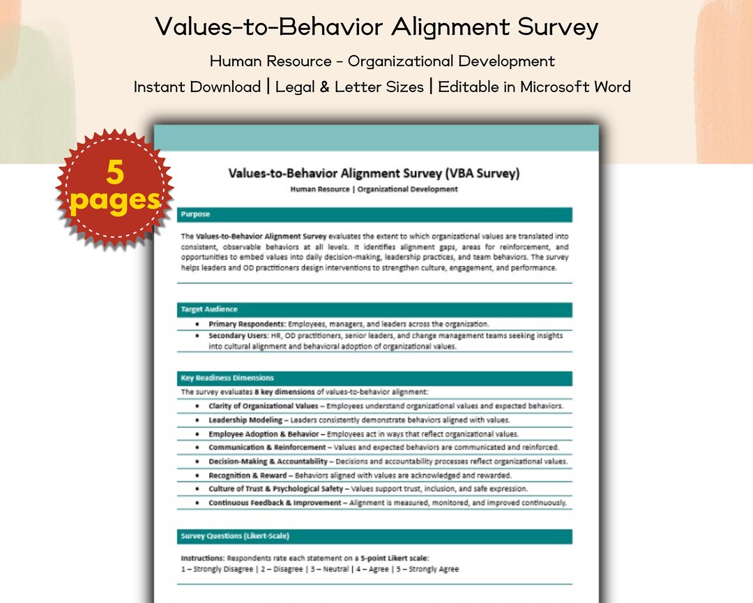 Values-to-behavior Alignment Survey Editable and Printable Template ...