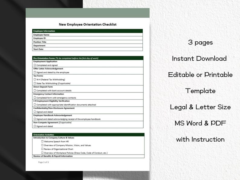 New Employee Orientation Checklist Editable and Printable Template With ...
