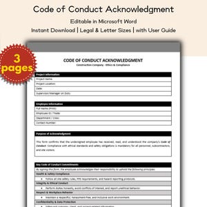 May include: A Code of Conduct Acknowledgment form, editable in Microsoft Word, with a user guide. The document includes sections for project and employee information, and key commitments. A red circular sticker with the text "3 pages" is in the upper left corner.