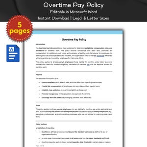 Overtime Pay Policy Editable Template | Human Resource Policies | Compensation and Benefits | Microsoft Word | Employee Management | HR Tool