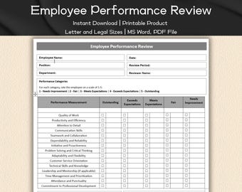 Employee Performance Review Form Editable and Printable | Employee Evaluation | Human Resource Form Template | Employee Management
