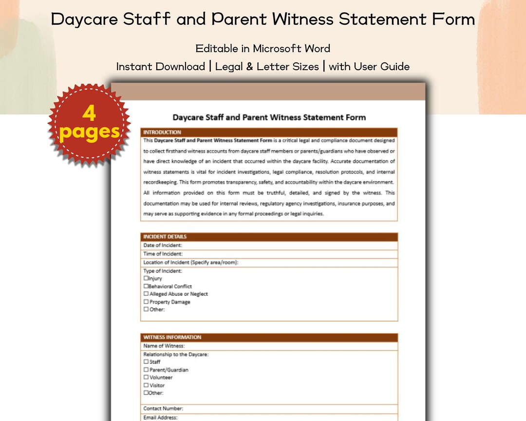 Witness Statement Editable Daycare Staff and Parent Witness Statement Form Editable and Printable ...
