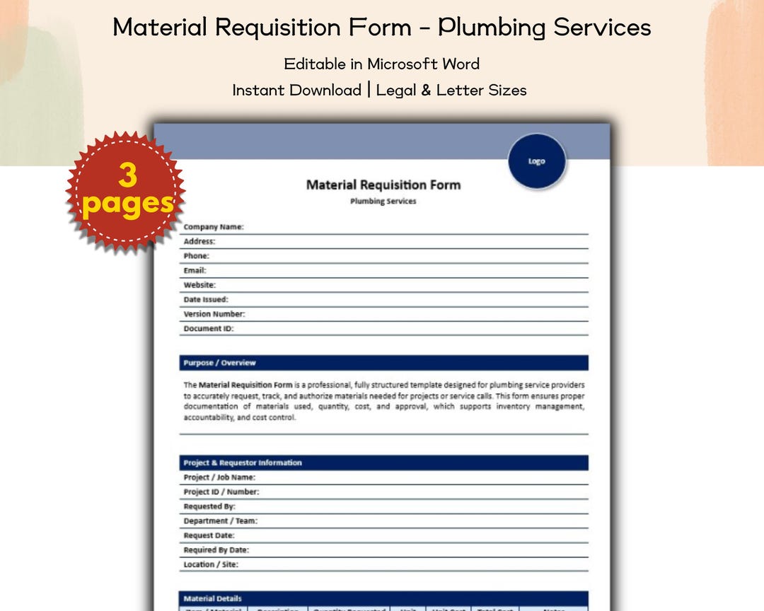 Material Requisition Form Plumbing Services Editable and Printable ...