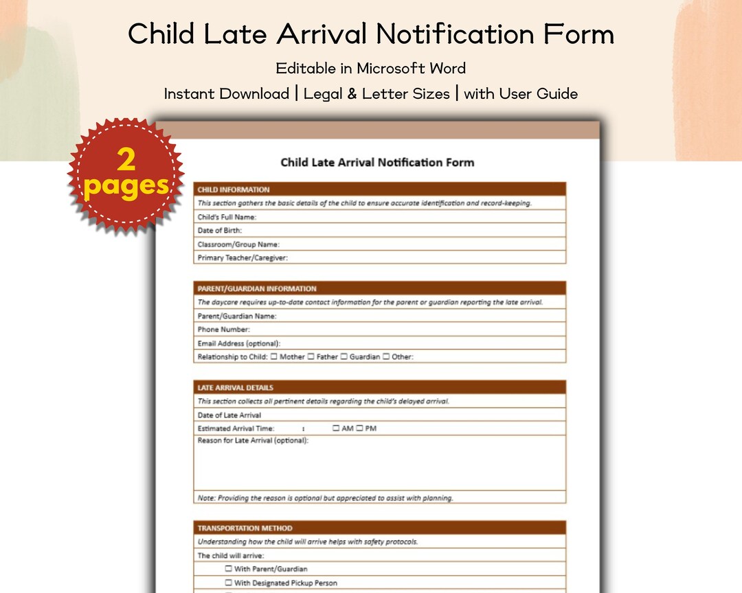 Late Arrival Form.pdf Daycare Child Late Arrival Notification Form Editable and Printable ...