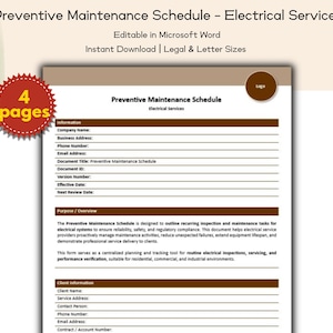 May include: A brown document titled "Preventive Maintenance Schedule - Electrical Services" with fillable fields. The document is 4 pages and available for instant download in Legal & Letter sizes. It outlines inspection and maintenance tasks.