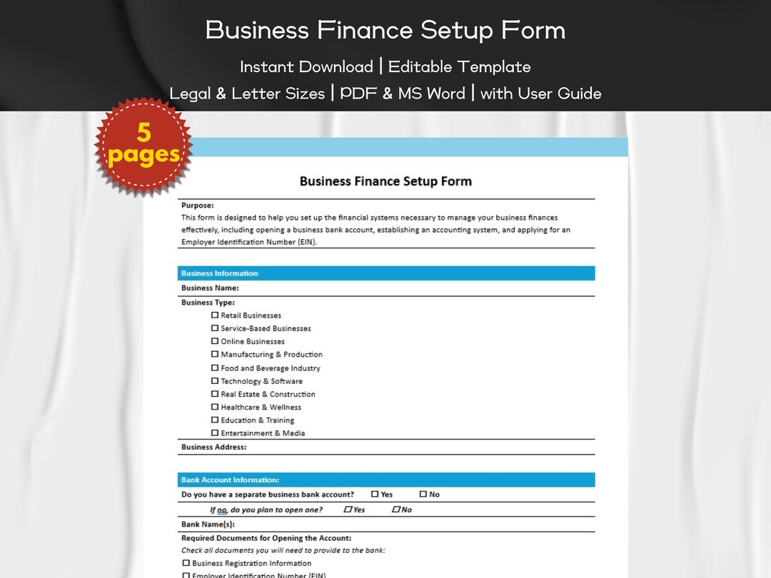 Business Finance Setup Form Editable and Printable Template | Business ...
