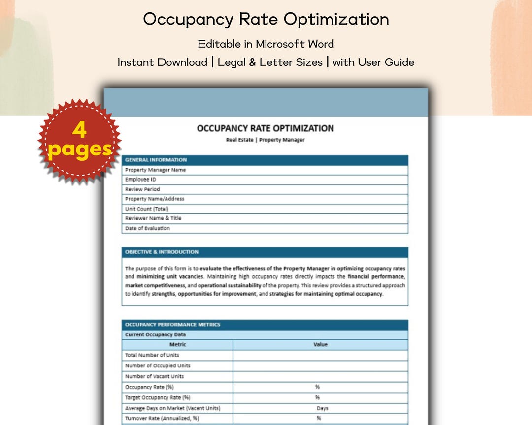 Occupancy Rate Optimization Form Editable and Printable Template, Real ...