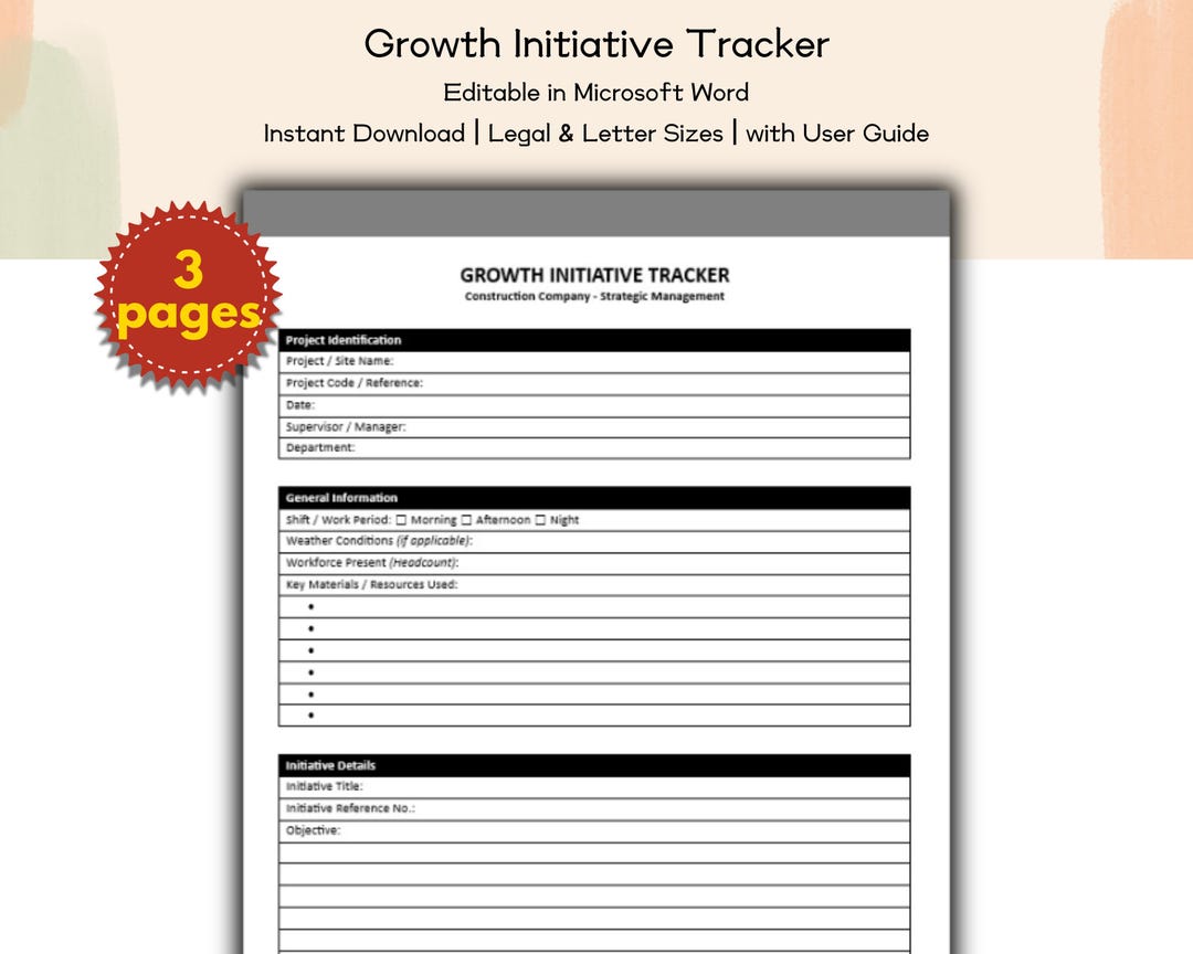 Construction Company Growth Initiative Tracker Editable and Printable ...