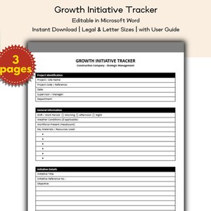 May include: A white document titled "Growth Initiative Tracker" with black text, editable in Microsoft Word. The document includes sections for project identification and general information. A red circular sticker with the text "3 pages" is in the upper left corner.