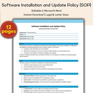 May include: A document titled "Software Installation and Update Policy (SOP)" is displayed. The document is editable in Microsoft Word and available for instant download in legal and letter sizes. A red circular sticker indicates "12 pages."