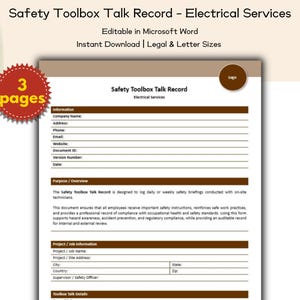 May include: A document titled "Safety Toolbox Talk Record - Electrical Services" with a brown and white design. The document includes fields for company information and project details. The text "3 pages" is in a red burst shape.