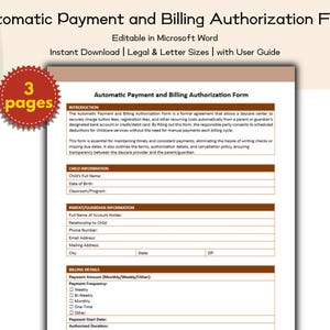 Puede incluir: Un formulario imprimible titulado "Formulario de autorización de pago y facturación automática" en formato Microsoft Word. Incluye secciones para información del niño y del padre/tutor, y detalles de facturación.