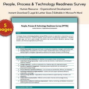 May include: A teal and white document titled "People, Process & Technology Readiness Survey" with the text "Human Resource - Organizational Development." The document is labeled "Instant Download" and "Editable in Microsoft Word." A red circular sticker reads "5 pages."