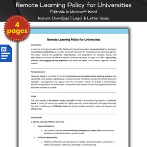 May include: A document titled "Remote Learning Policy for Universities" with a blue and white Microsoft Word icon in the top left corner. The document outlines the guidelines, responsibilities, and expectations for students, faculty, and administrators to ensure the effective delivery of remote education.