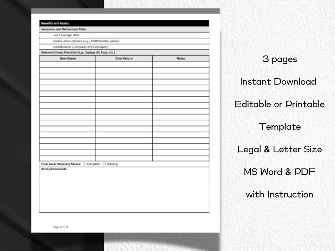 Sample Final Pay Final Pay and Benefits Form Editable and Printable Template | HR ...