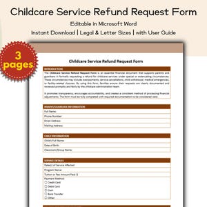 Może przedstawiać: Drukowany formularz wniosku o zwrot kosztów za opiekę nad dziećmi, edytowalny w programie Microsoft Word. Dokument zawiera sekcje dla rodziców/opiekunów i dzieci, szczegóły usług i metody płatności. Dostępny w formatach legal i letter.