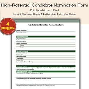 Może przedstawiać: Drukowany formularz nominacji kandydata o wysokim potencjale, edytowalny w programie Microsoft Word. Formularz zawiera sekcje dotyczące informacji o nominowanym, danych kandydata i kryteriów nominacji. Dostępny do natychmiastowego pobrania.