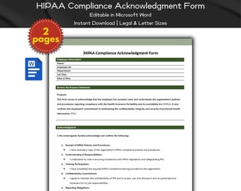 Formulario de reconocimiento de cumplimiento de HIPAA (plantilla editable e imprimible), gestión de empleados, formularios de recursos humanos, políticas y cumplimiento, RR. HH.