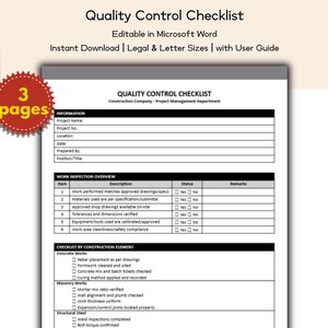 May include: A white Quality Control Checklist document with the text "Quality Control Checklist" and "Editable in Microsoft Word". The document includes sections for project information and work inspection overview. A red starburst graphic indicates "3 pages".