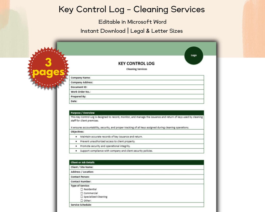 Cleaning Services Key Control Log Editable and Printable Template ...
