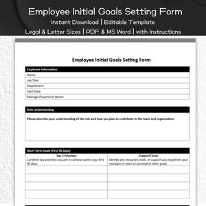 Employee Initial Goals Setting Form Editable and Printable Template | Recruitment, Human Resource | HR Professionals Templates | Onboarding
