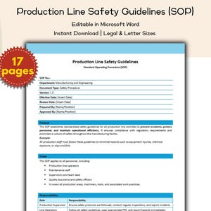 May include: A document titled "Production Line Safety Guidelines (SOP)" with a blue and white design. The document is editable in Microsoft Word and available for instant download in legal and letter sizes. A red starburst graphic indicates 17 pages.