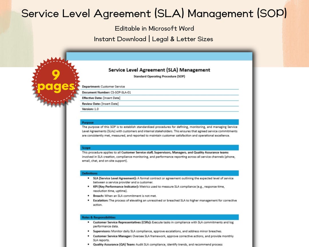 Service Level Agreement (SLA) Management SOP Editable and Printable ...