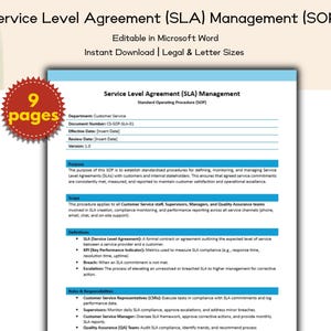 Service Level Agreement (SLA) Management SOP Editable and Printable Template, Customer Service Standard Operating Procedure, Client Relation