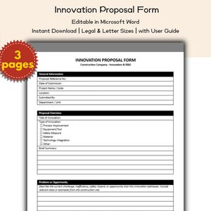 May include: A white Innovation Proposal Form with black text, including fields for general information and proposal overview. The form is editable in Microsoft Word and available for instant download. A red sticker indicates "3 pages".