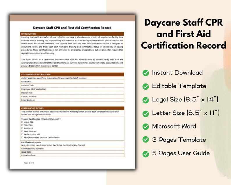 Daycare Staff CPR and First Aid Certification Record Editable and ...