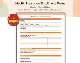 Formulário de inscrição em seguro saúde, modelo editável e imprimível para registro fácil em plano de saúde, inscrição em seguro médico e recursos humanos