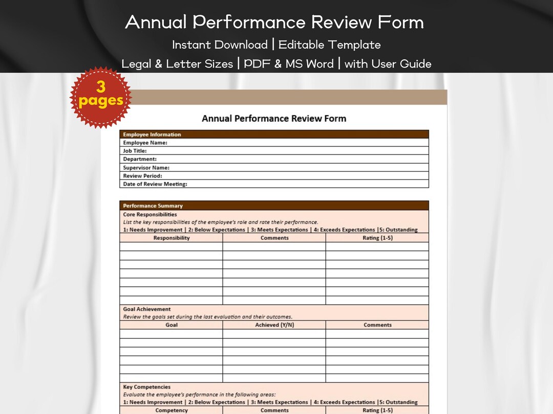 Annual Performance Review Form Editable and Printable | Employee ...
