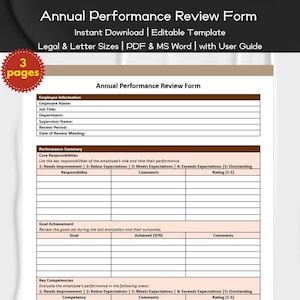 Annual Performance Review Form Editable and Printable | Employee Management | HR Form Template | Employee Performance and Development