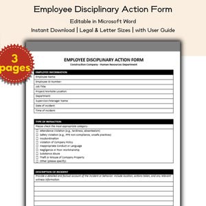 May include: Employee Disciplinary Action Form template, editable in Microsoft Word, available for instant download. The form includes sections for employee information, type of infraction, and incident description. The image also shows a red sticker that says "3 pages".